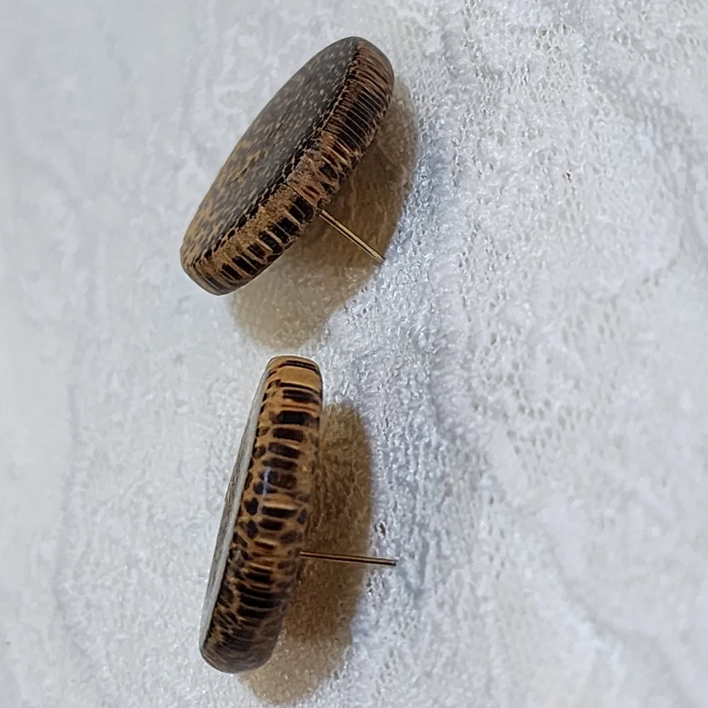 Vintage Round Wooden Animal Print Tan and Black Pierced Earrings